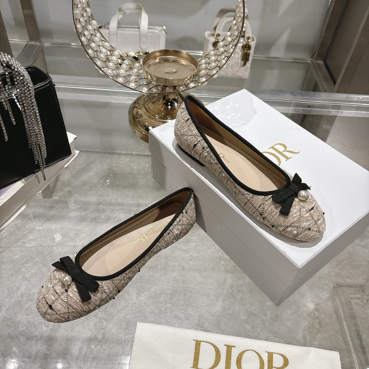 Dior ID Ballerina in Latte Cotton-Blend Tweed Flat - Image 8