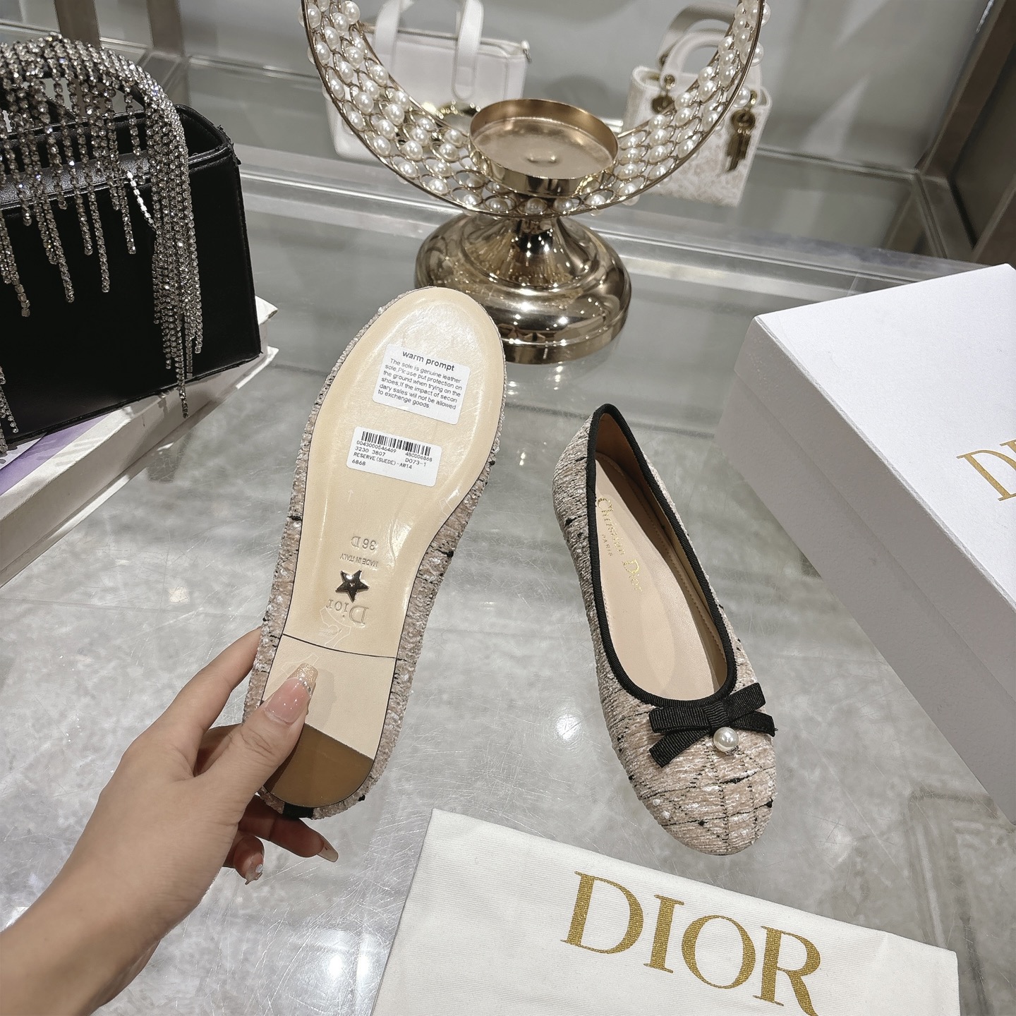 Dior ID Ballerina in Latte Cotton-Blend Tweed Flat - Image 6