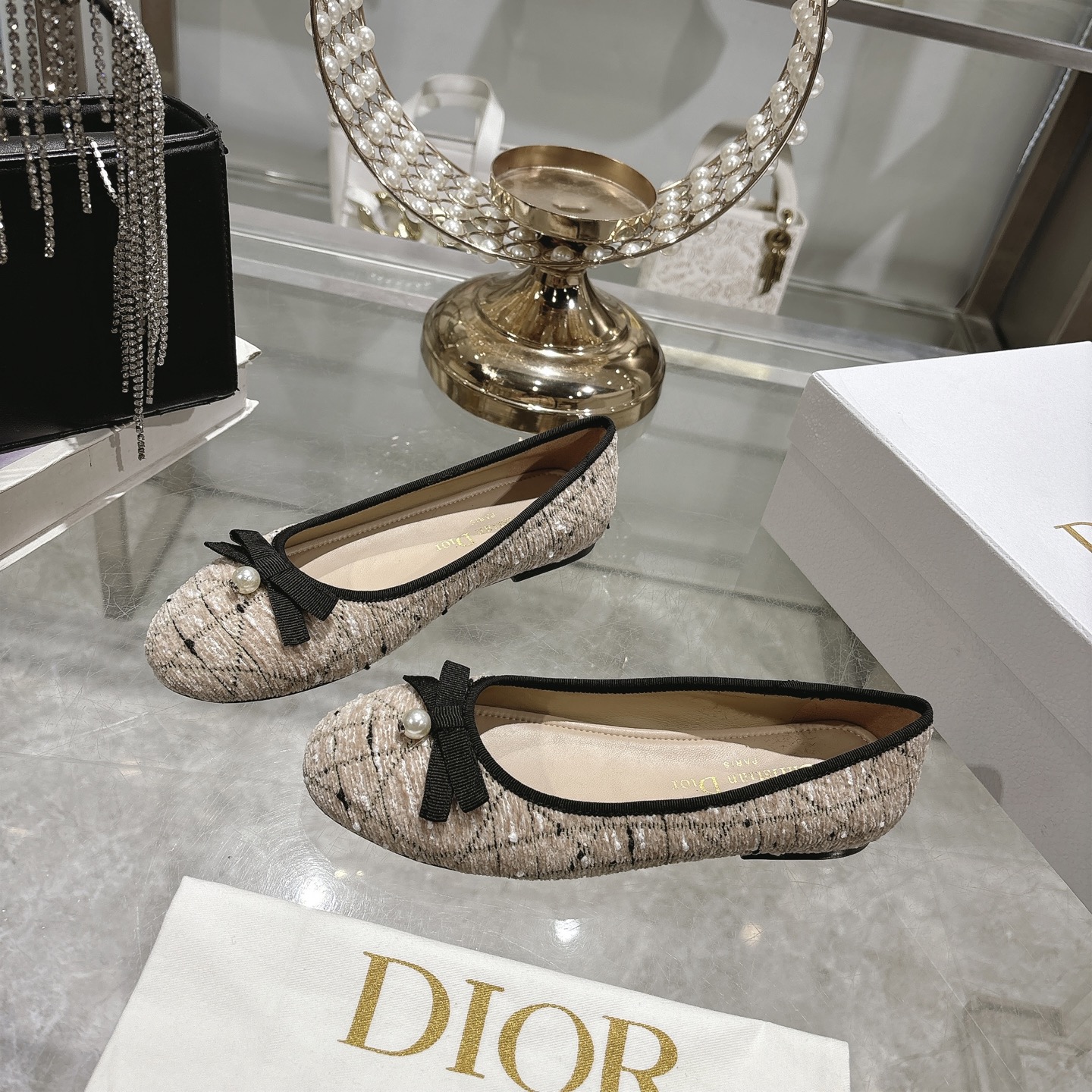 Dior ID Ballerina in Latte Cotton-Blend Tweed Flat - Image 4