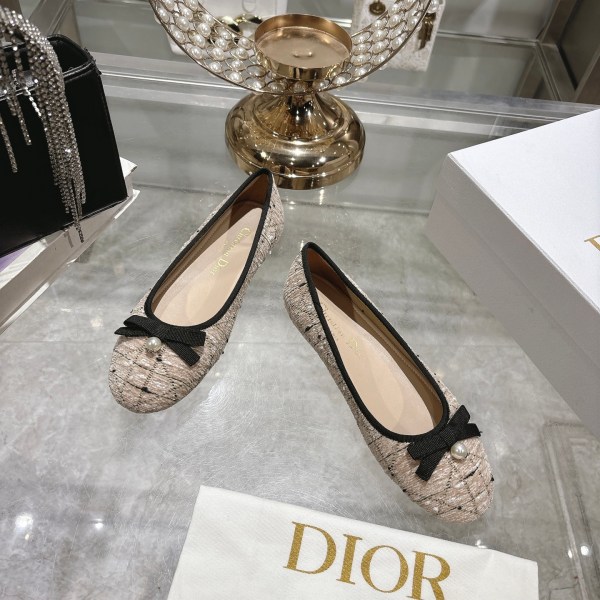 Dior ID Ballerina in Latte Cotton-Blend Tweed Flat