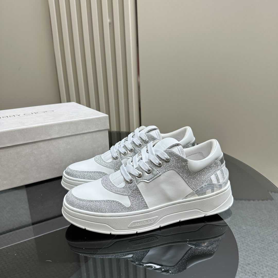 Jimmy Choo Florent Silver Glitter Leather Trainers - Image 9