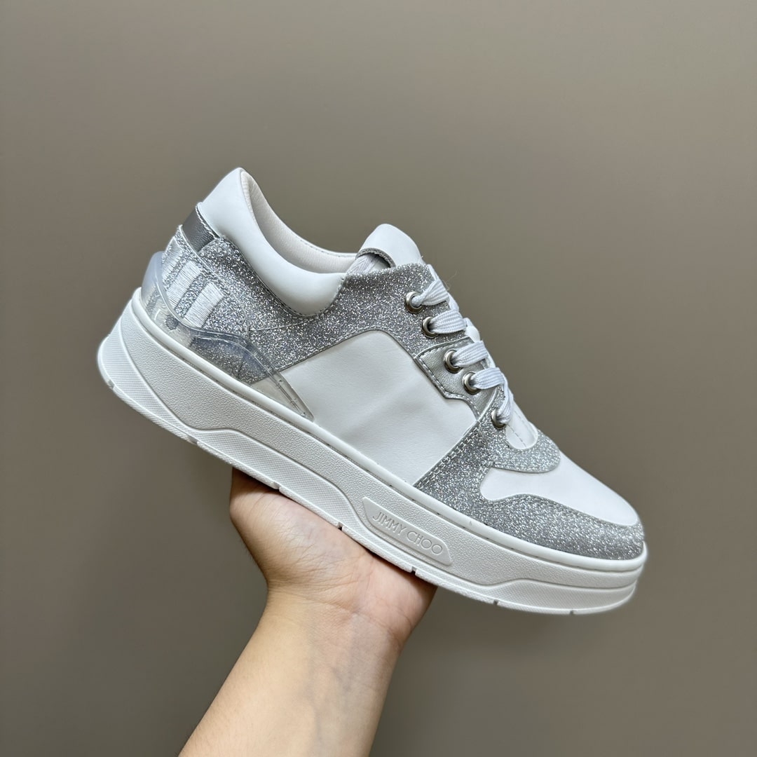 Jimmy Choo Florent Silver Glitter Leather Trainers - Image 3