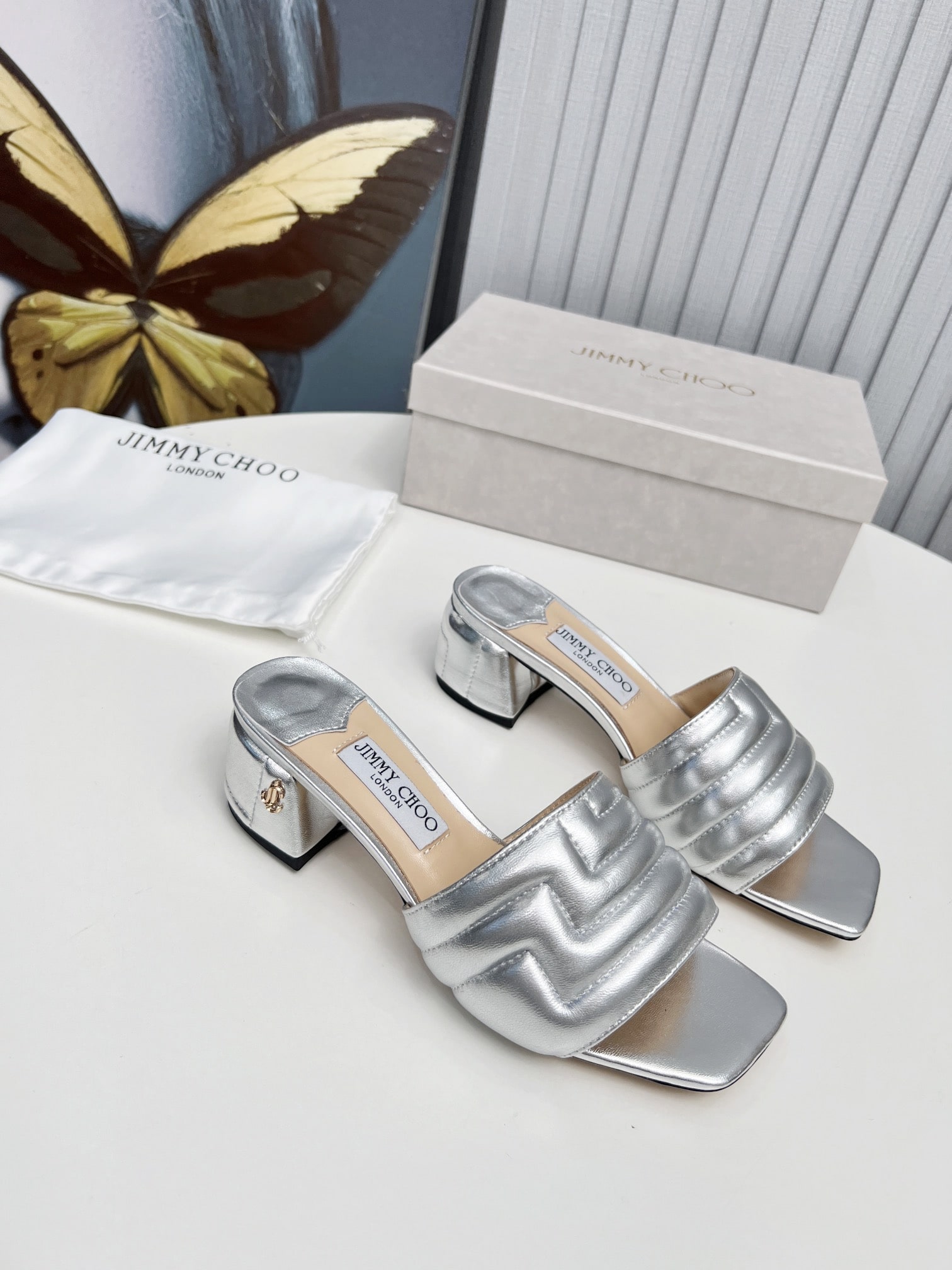 Jimmy Choo Metallic Silver Quilted Mules