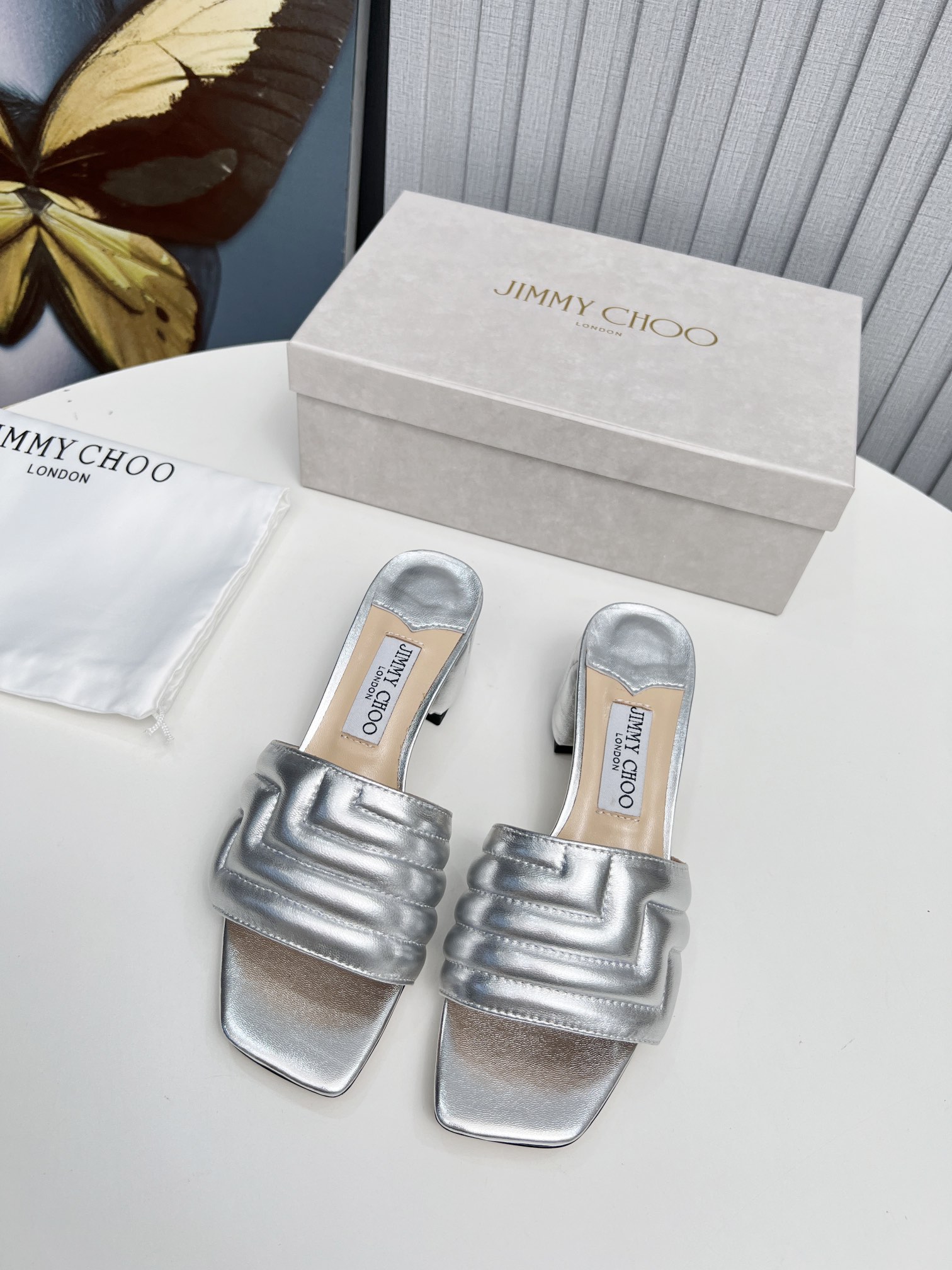 Jimmy Choo Metallic Silver Quilted Mules - Image 7