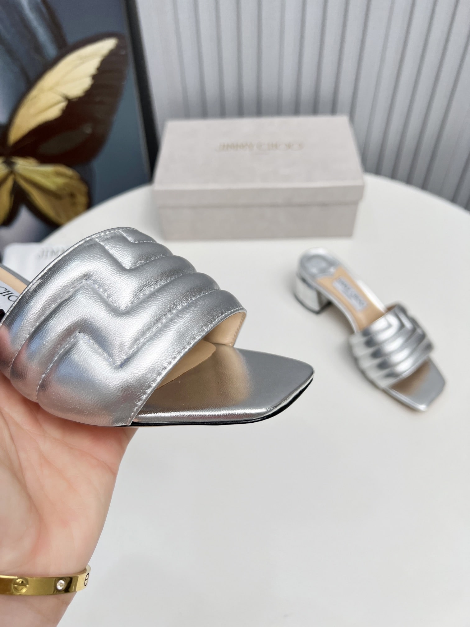 Jimmy Choo Metallic Silver Quilted Mules - Image 8