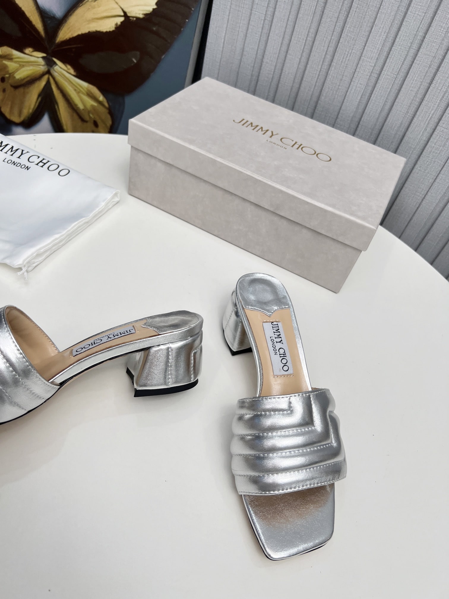 Jimmy Choo Metallic Silver Quilted Mules - Image 3