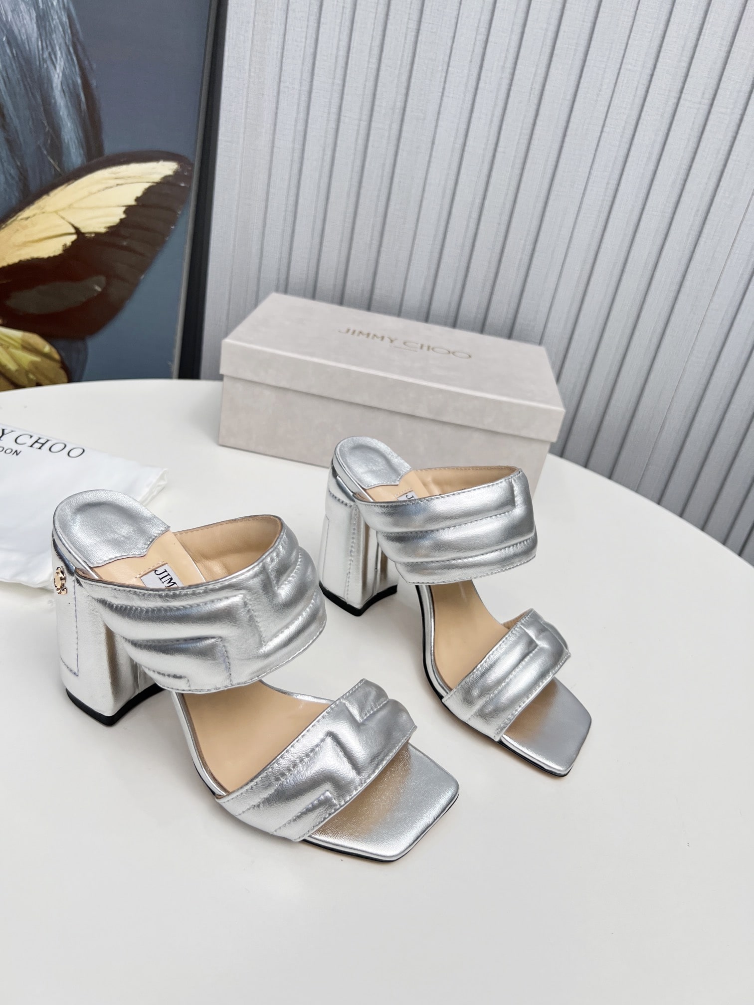 Jimmy Choo Silver Quilted Double Strap Heels
