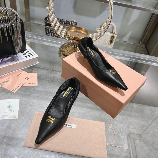 Miu Miu Black Leather Pointed-Toe Kitten Heel Pumps