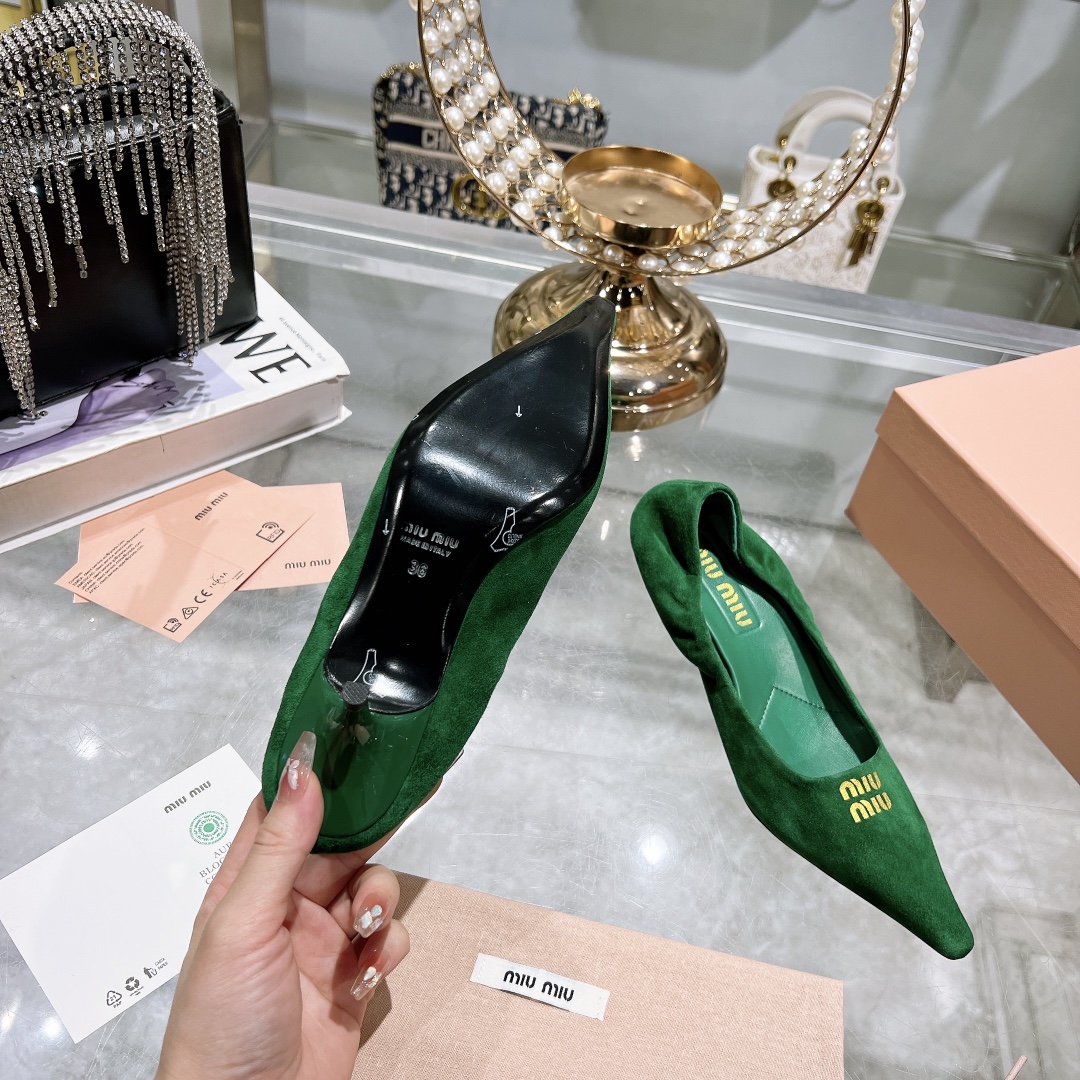 Miu Miu Green Suede Pointed-Toe Kitten Heel Pumps - Image 8