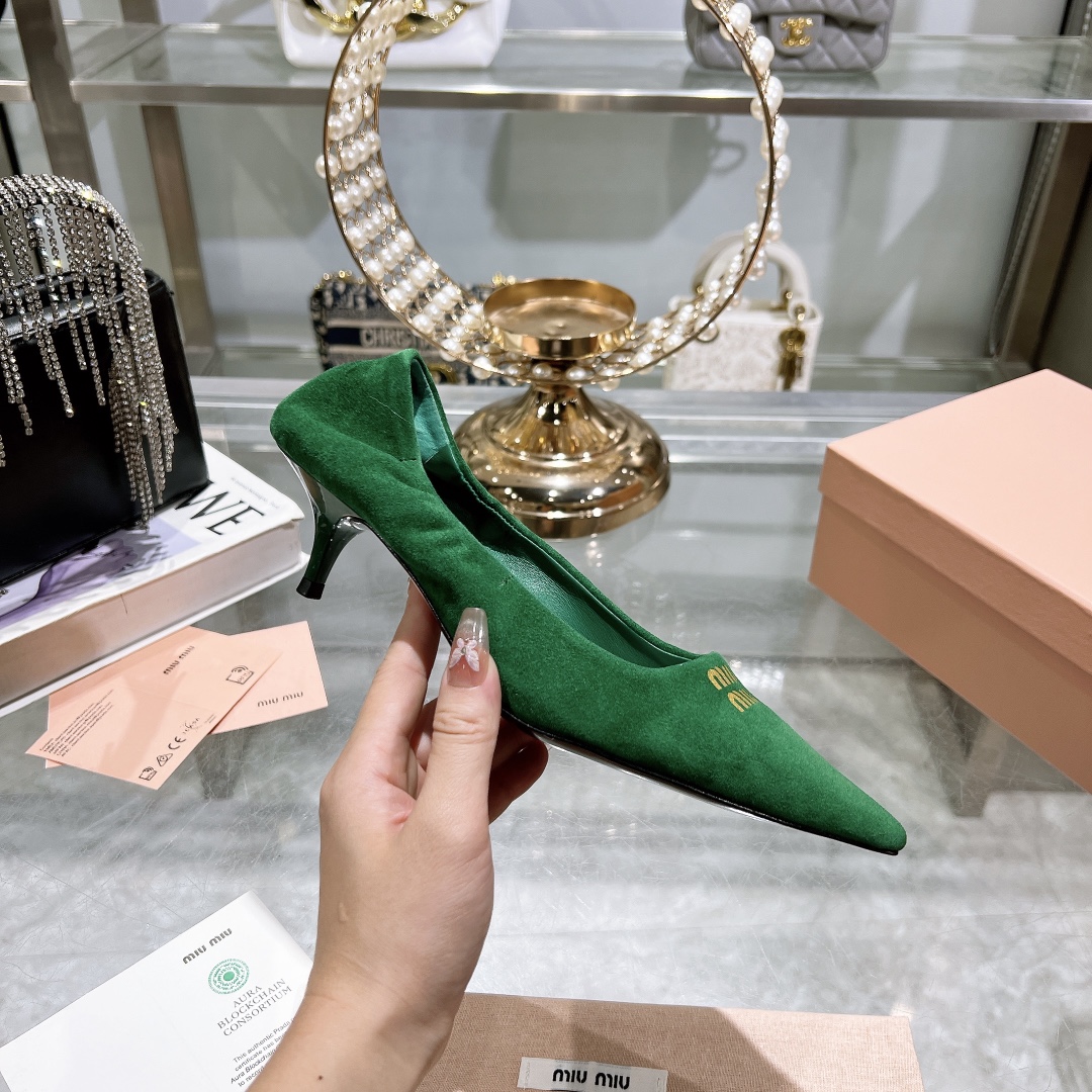 Miu Miu Green Suede Pointed-Toe Kitten Heel Pumps - Image 6