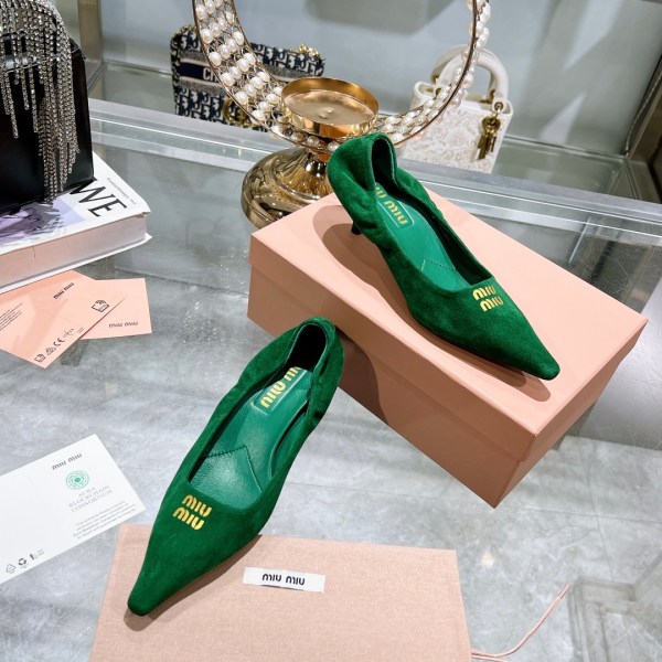 Miu Miu Green Suede Pointed-Toe Kitten Heel Pumps