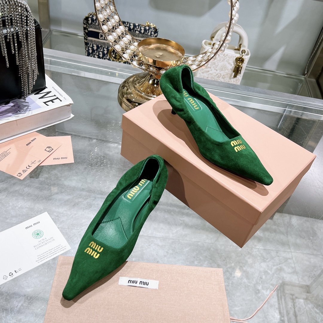 Miu Miu Green Suede Pointed-Toe Kitten Heel Pumps