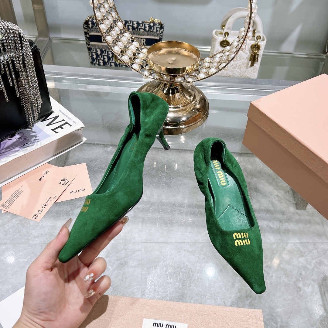 Miu Miu Green Suede Pointed-Toe Kitten Heel Pumps - Image 4
