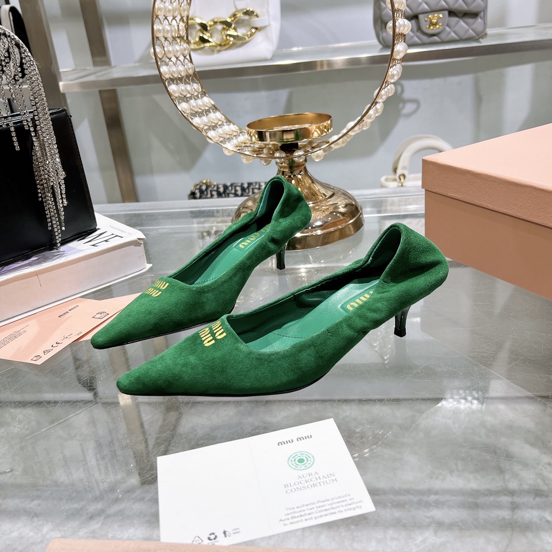 Miu Miu Green Suede Pointed-Toe Kitten Heel Pumps - Image 3