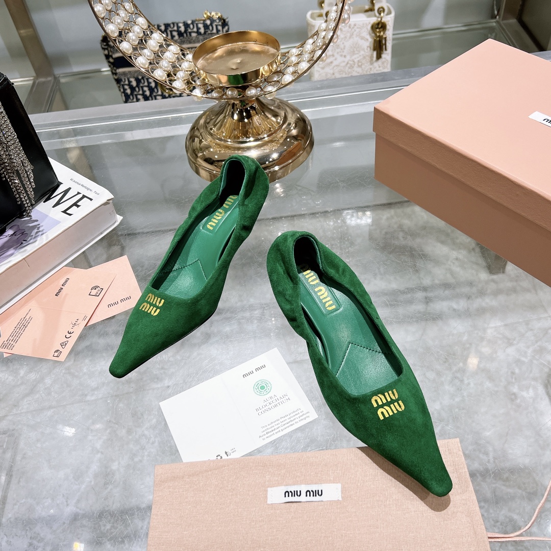 Miu Miu Green Suede Pointed-Toe Kitten Heel Pumps - Image 2