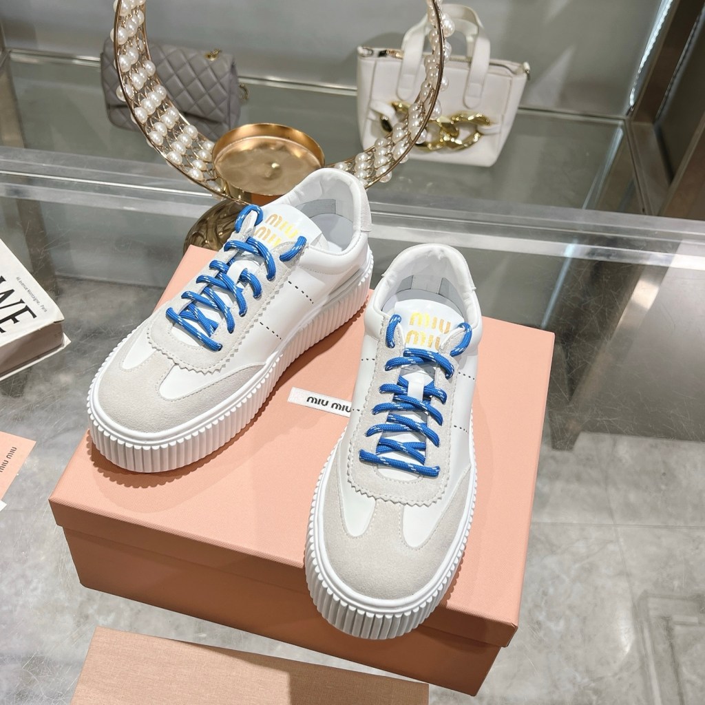 Miu Miu White Leather & Grey Suede with Blue Laces Platform Sneakers