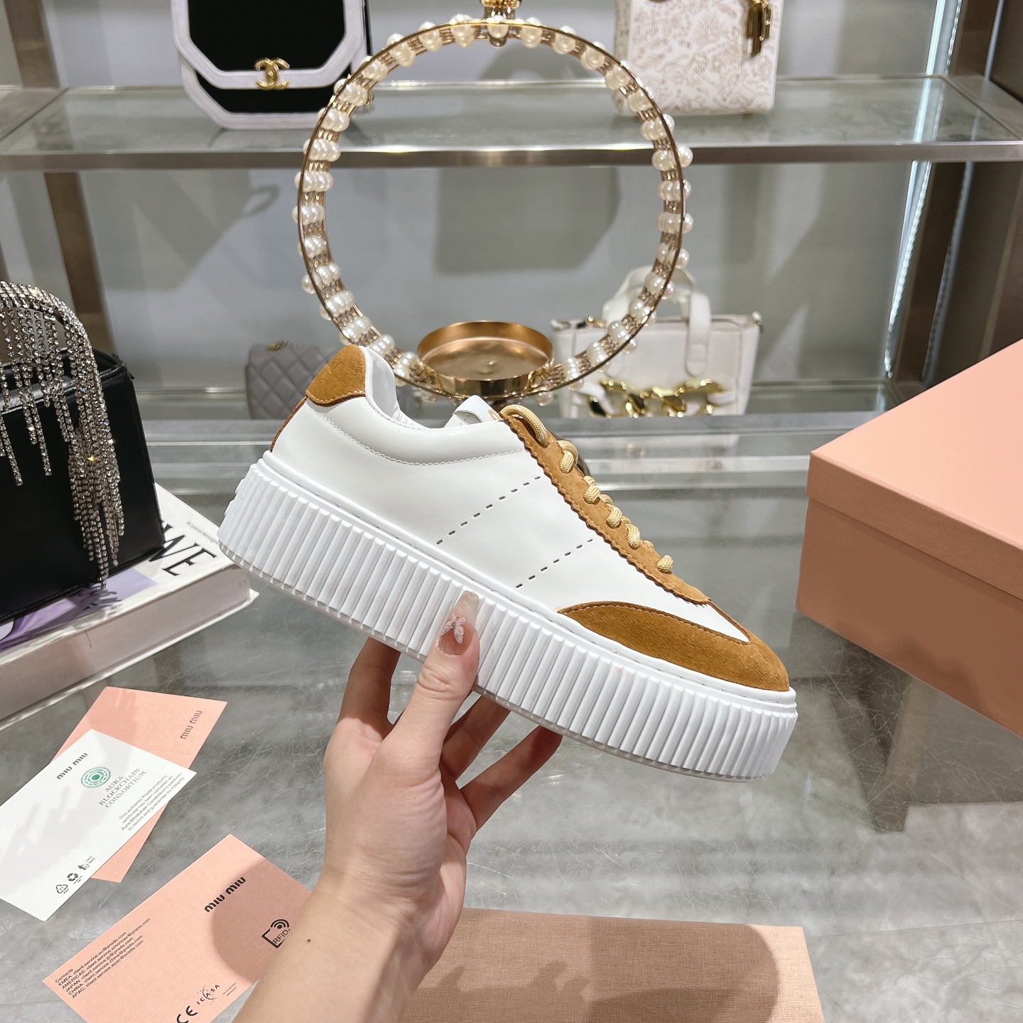 Miu-Miu Gymnasium Technical Fabric Brown Suede Sneakers - Image 7