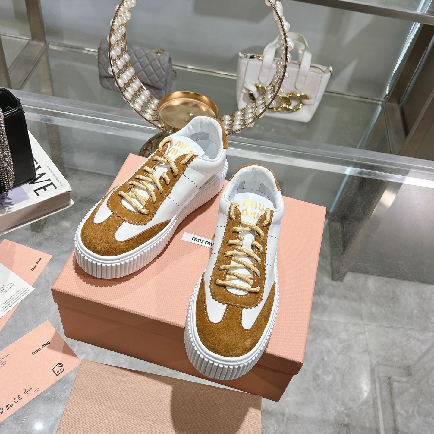 Miu-Miu Gymnasium Technical Fabric Brown Suede Sneakers