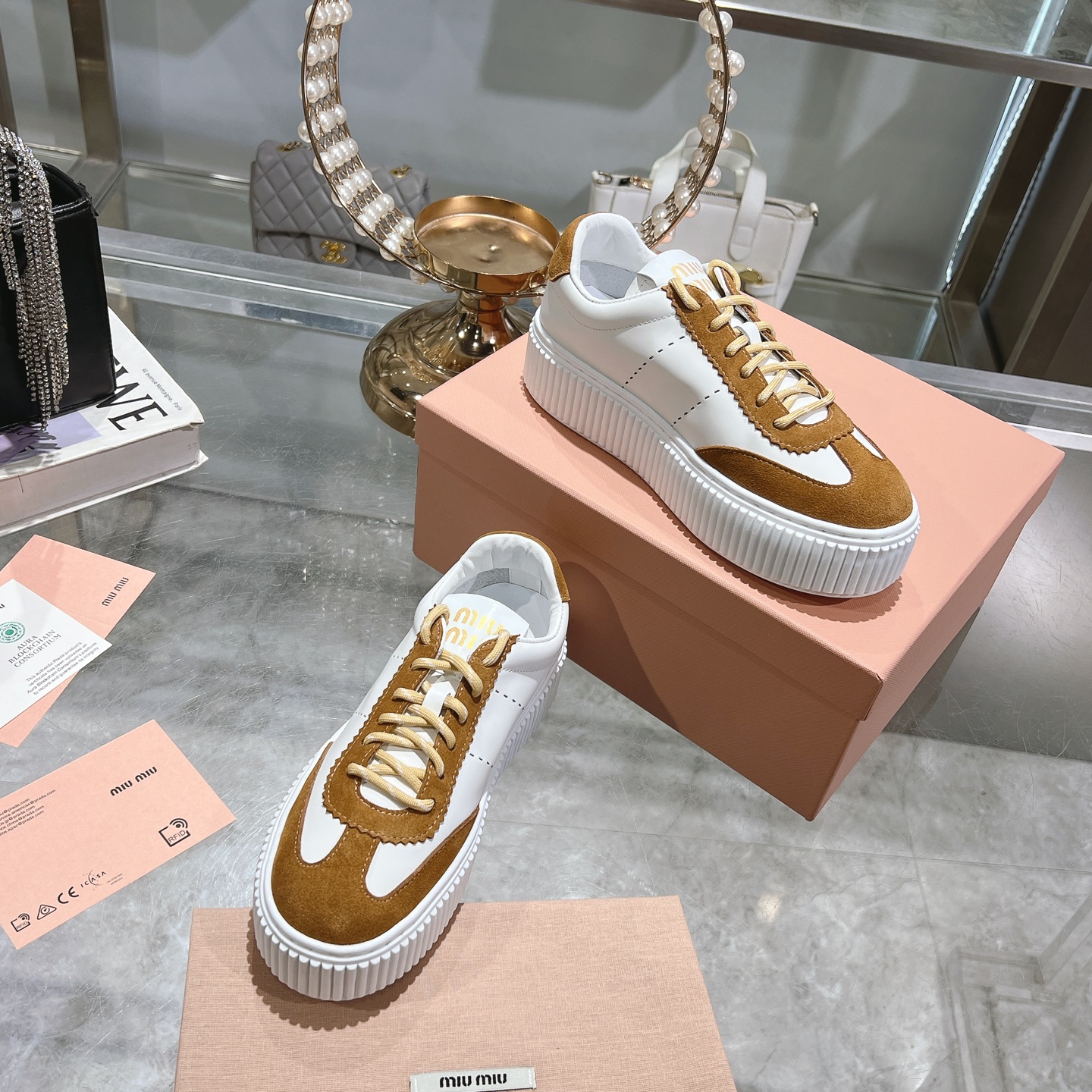 Miu-Miu Gymnasium Technical Fabric Brown Suede Sneakers - Image 5