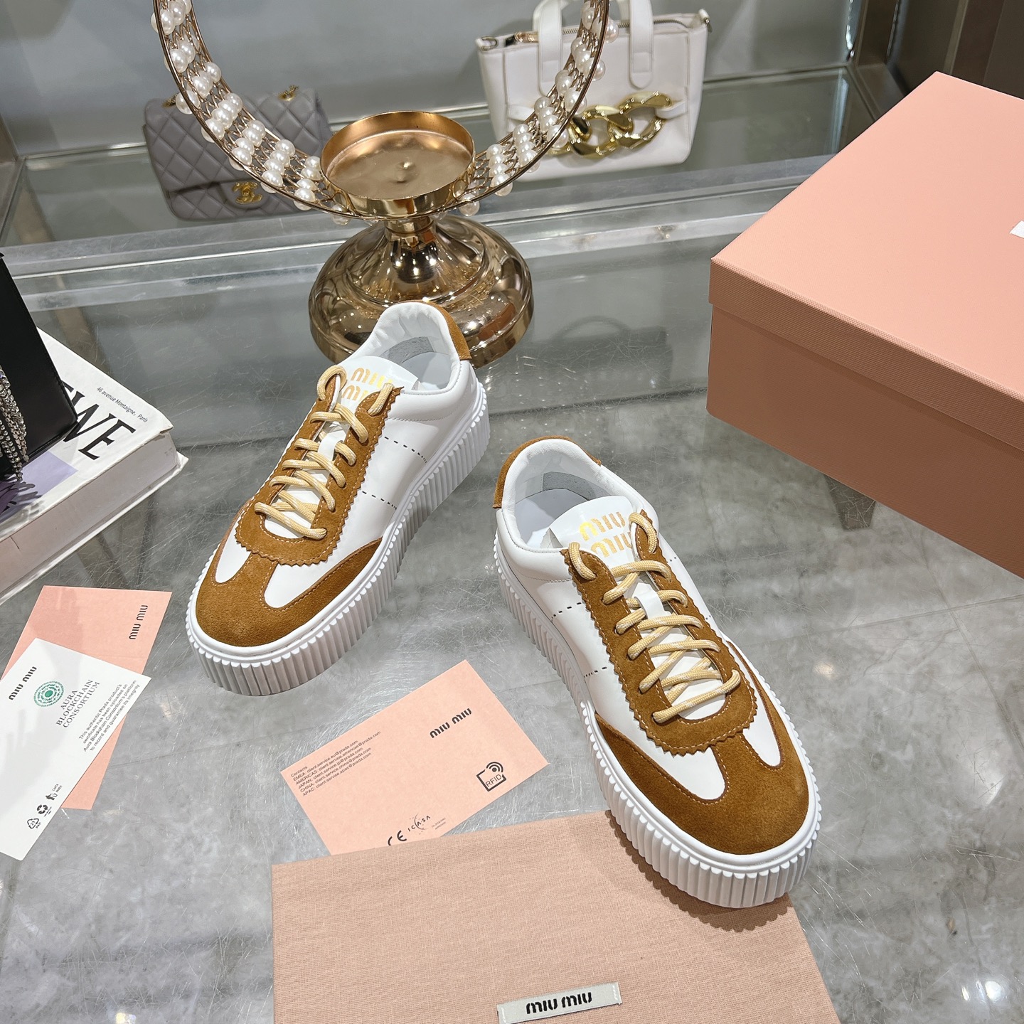 Miu-Miu Gymnasium Technical Fabric Brown Suede Sneakers - Image 2