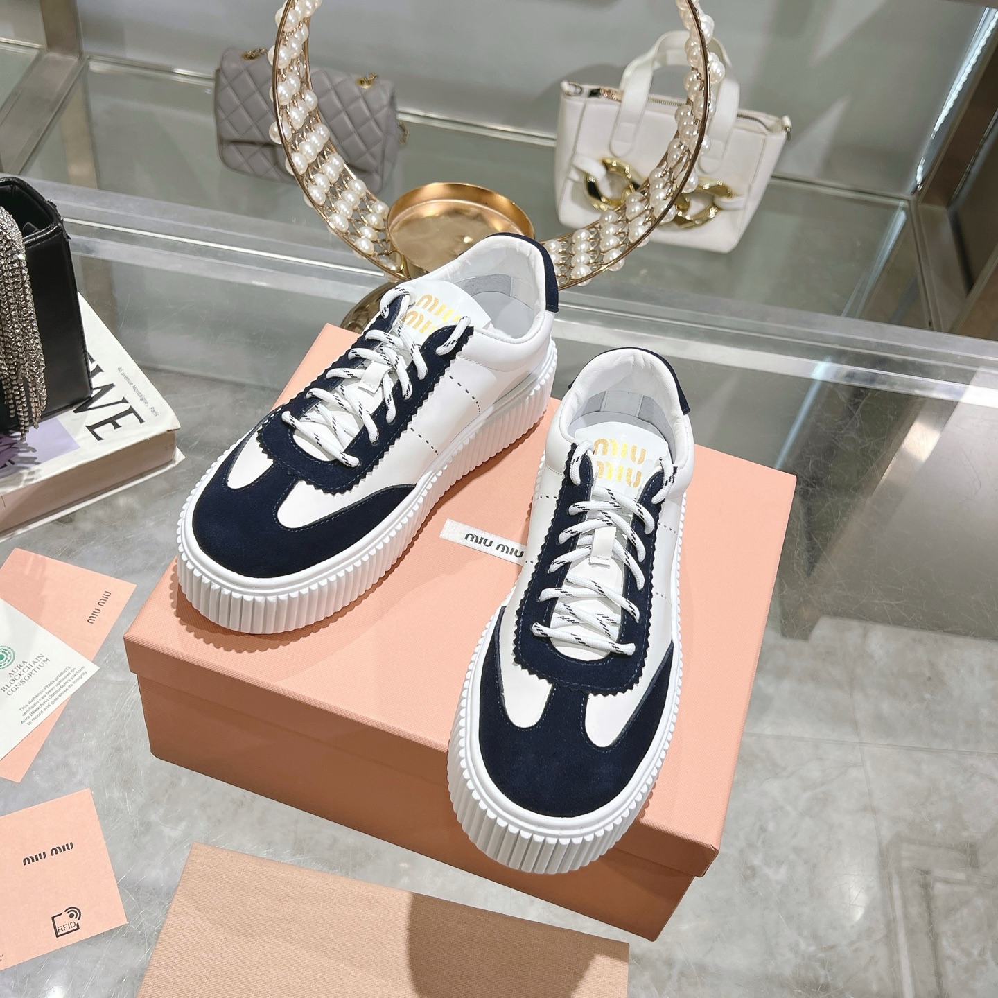 Miu Miu White and Navy Suede Platform Sneakers