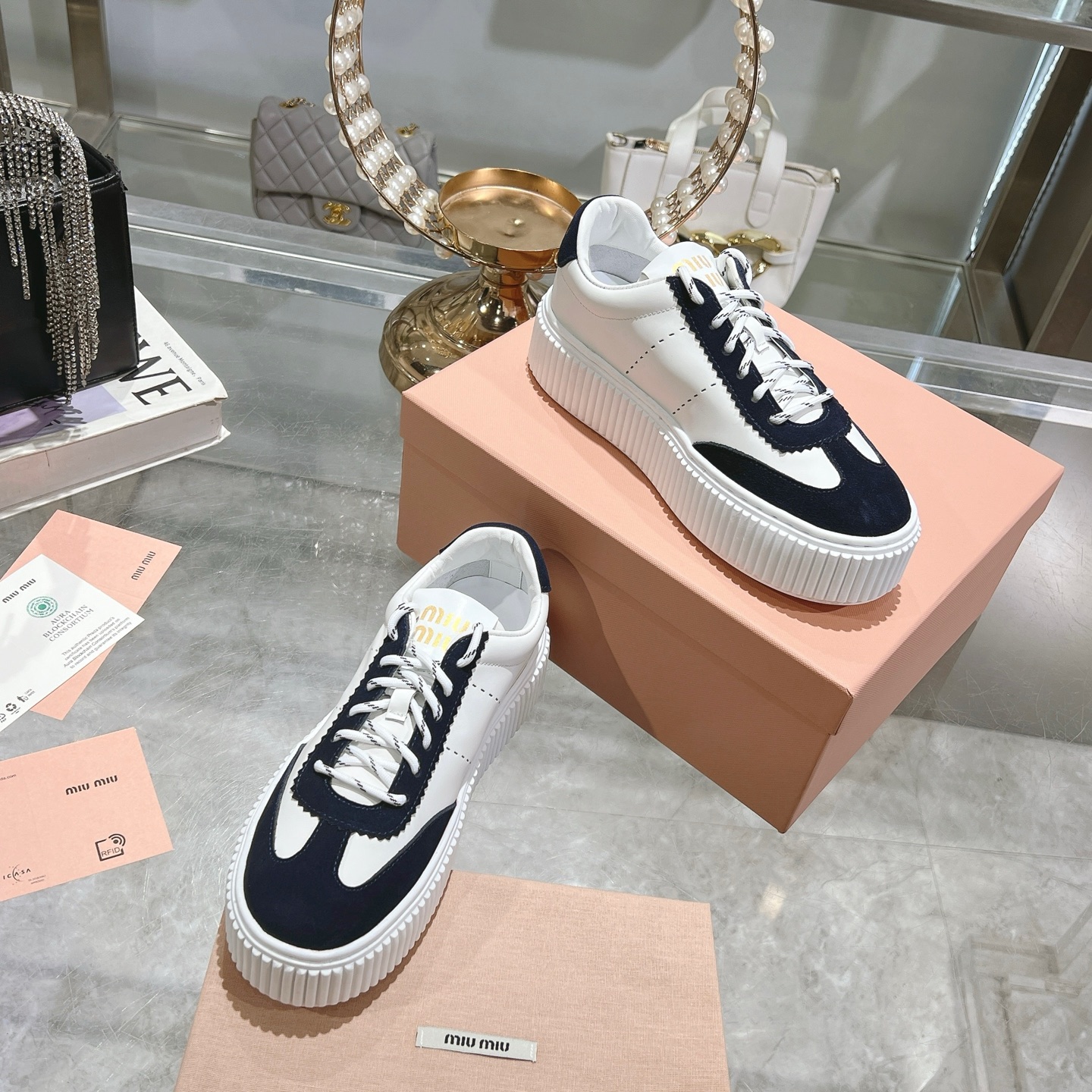 Miu Miu White and Navy Suede Platform Sneakers - Image 5