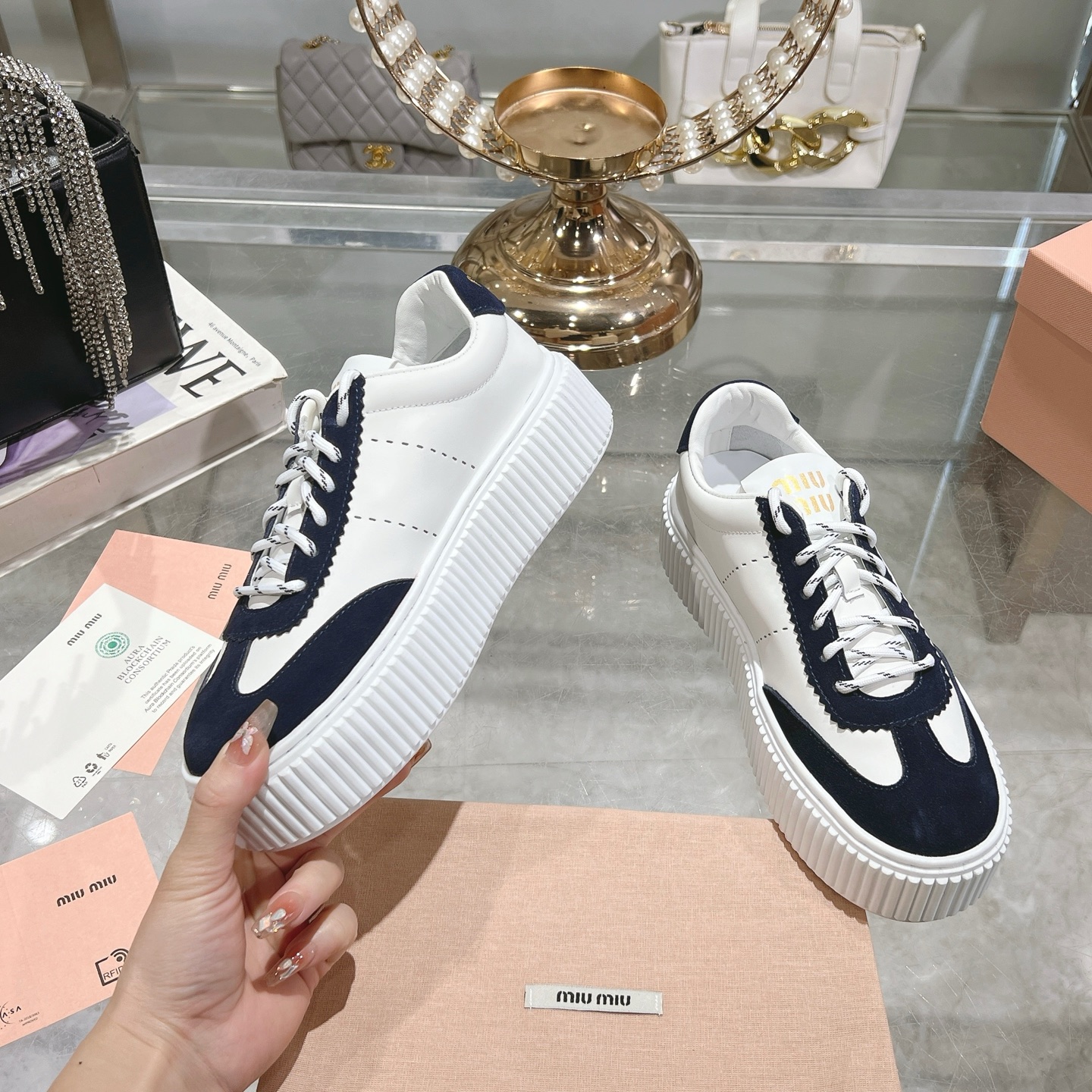 Miu Miu White and Navy Suede Platform Sneakers - Image 4