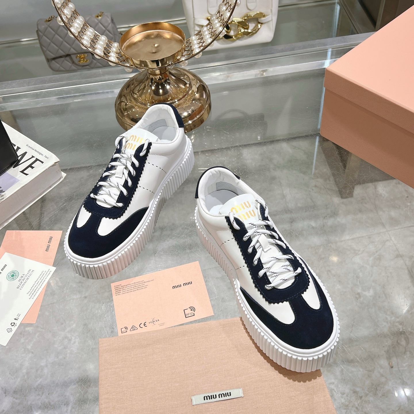 Miu Miu White and Navy Suede Platform Sneakers - Image 3