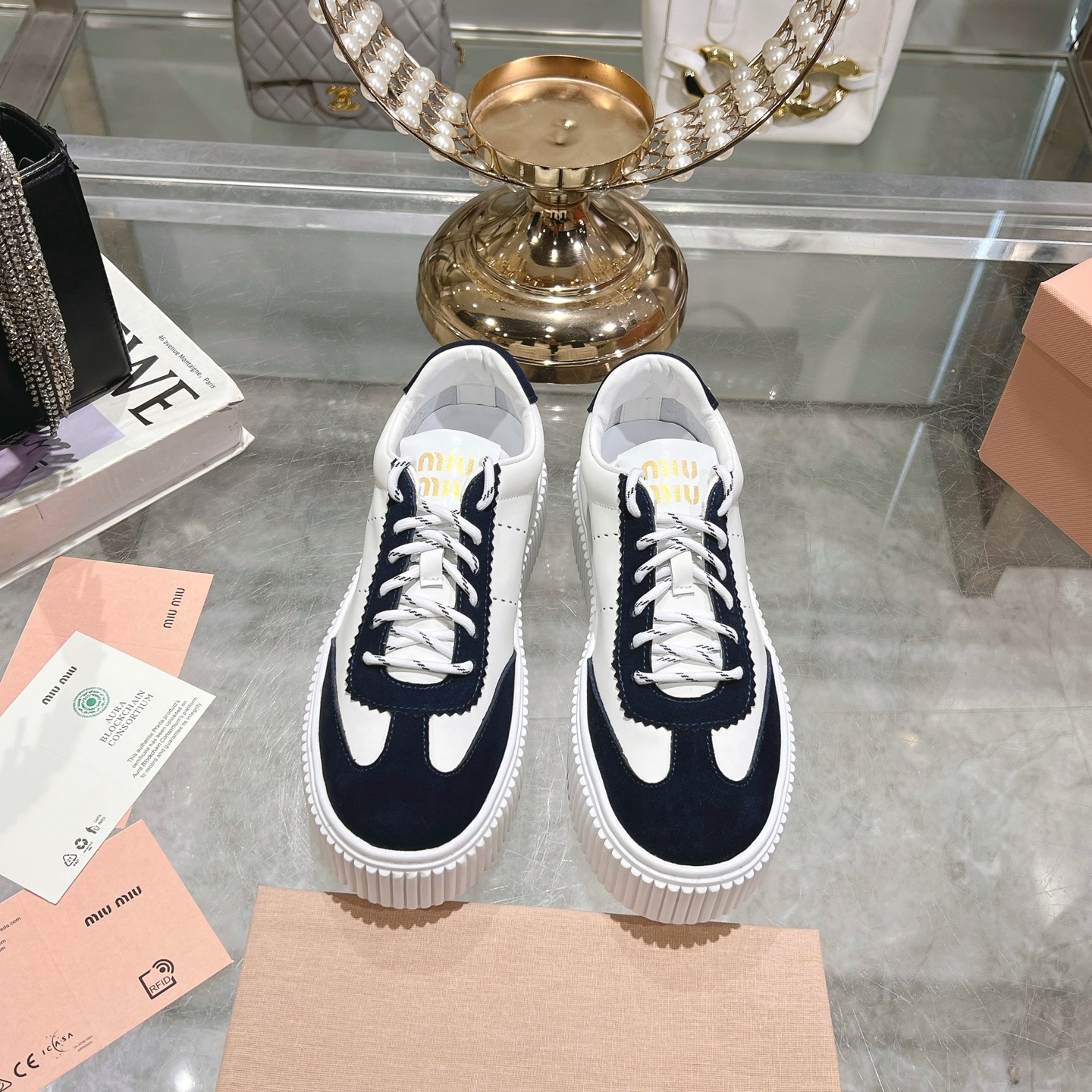 Miu Miu White and Navy Suede Platform Sneakers - Image 2