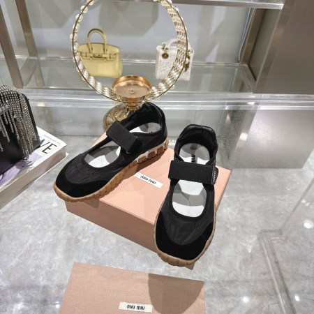 Miu Miu Tyre Technical Fabric and Suede Black Ballerinas