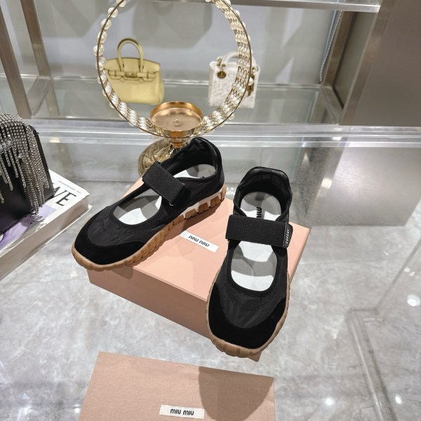 Miu Miu Tyre Technical Fabric and Suede Black Ballerinas