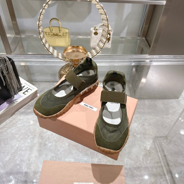 Miu Miu Tyre Technical Fabric and Suede Green Ballerinas