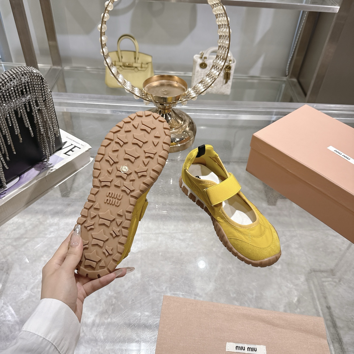Miu Miu's Tyre technical fabric and suede Yellow ballerinas - Image 10