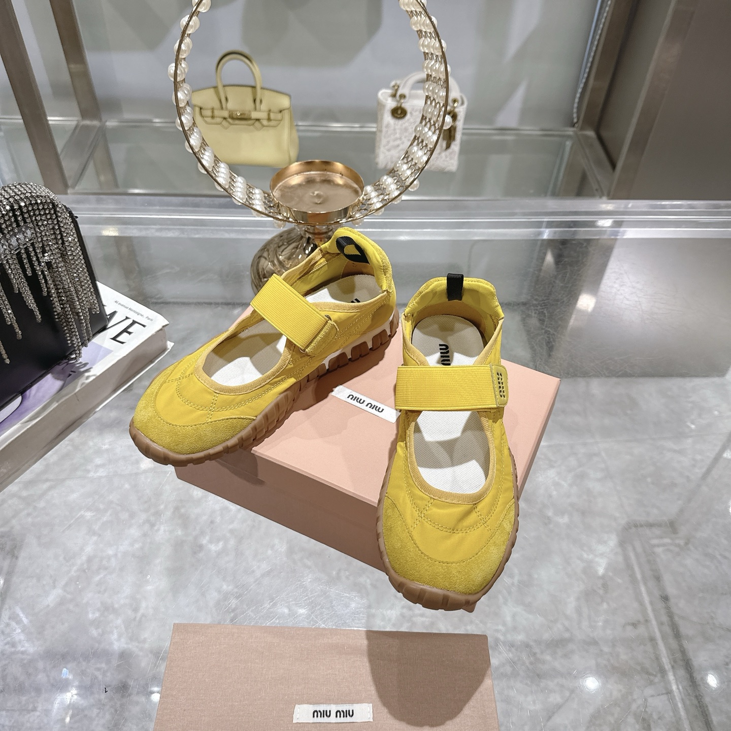 Miu Miu's Tyre technical fabric and suede Yellow ballerinas