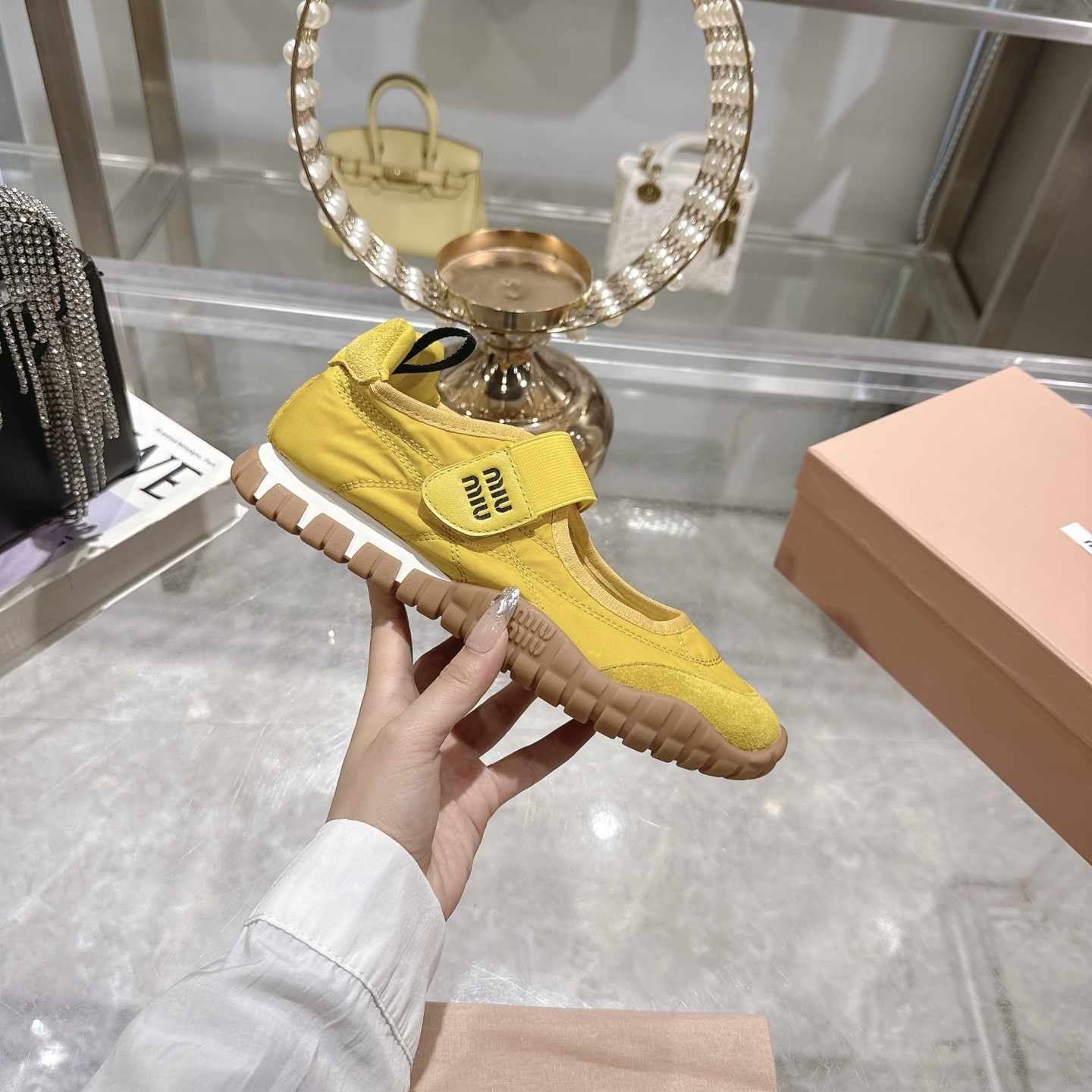 Miu Miu's Tyre technical fabric and suede Yellow ballerinas - Image 6