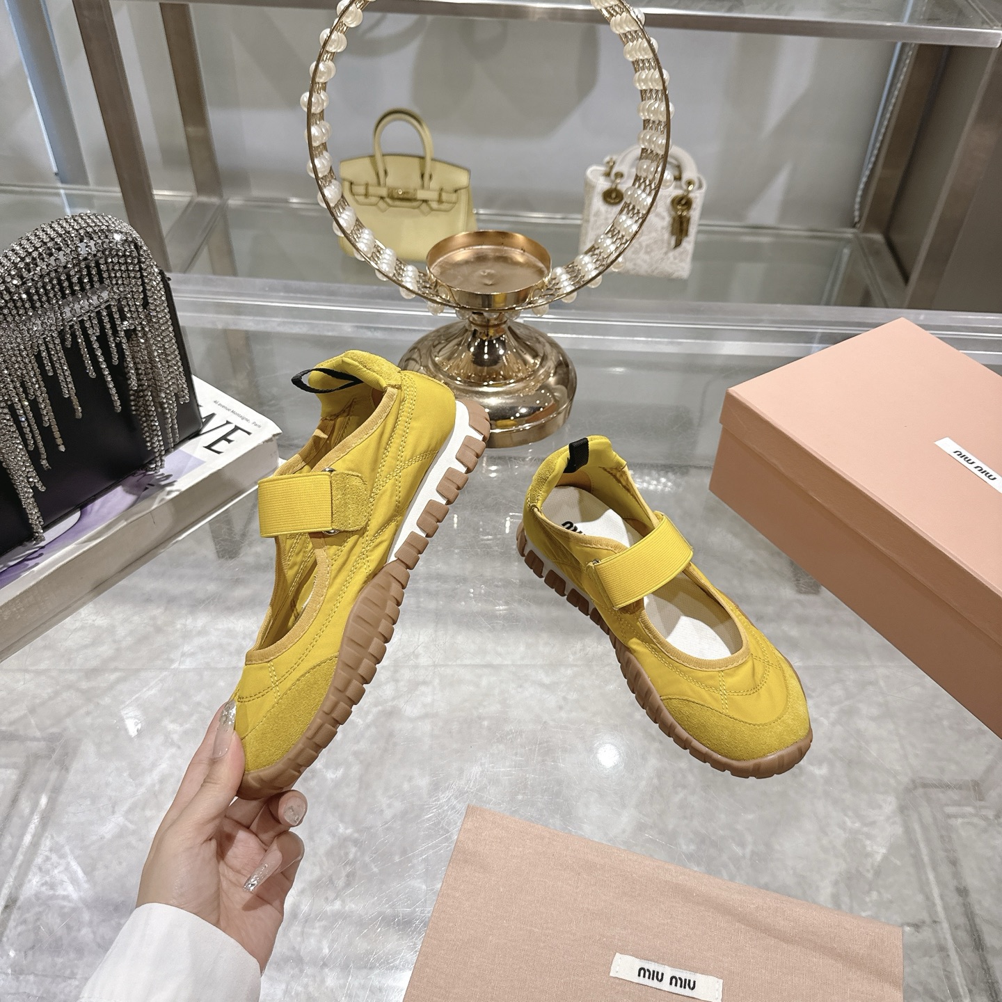 Miu Miu's Tyre technical fabric and suede Yellow ballerinas - Image 5