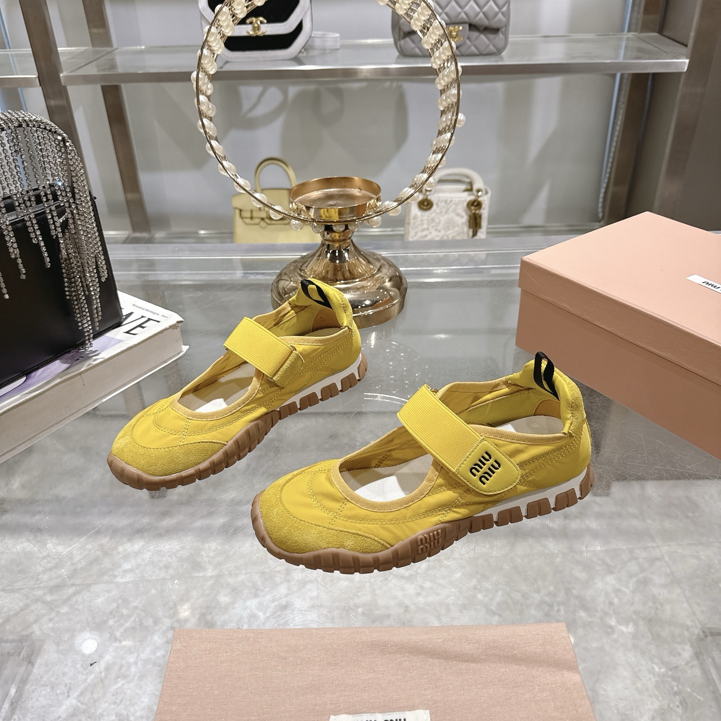 Miu Miu's Tyre technical fabric and suede Yellow ballerinas - Image 4