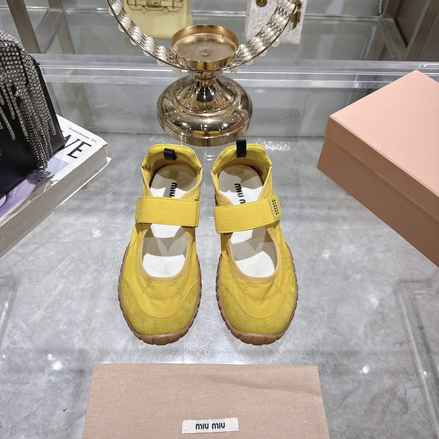 Miu Miu's Tyre technical fabric and suede Yellow ballerinas - Image 2