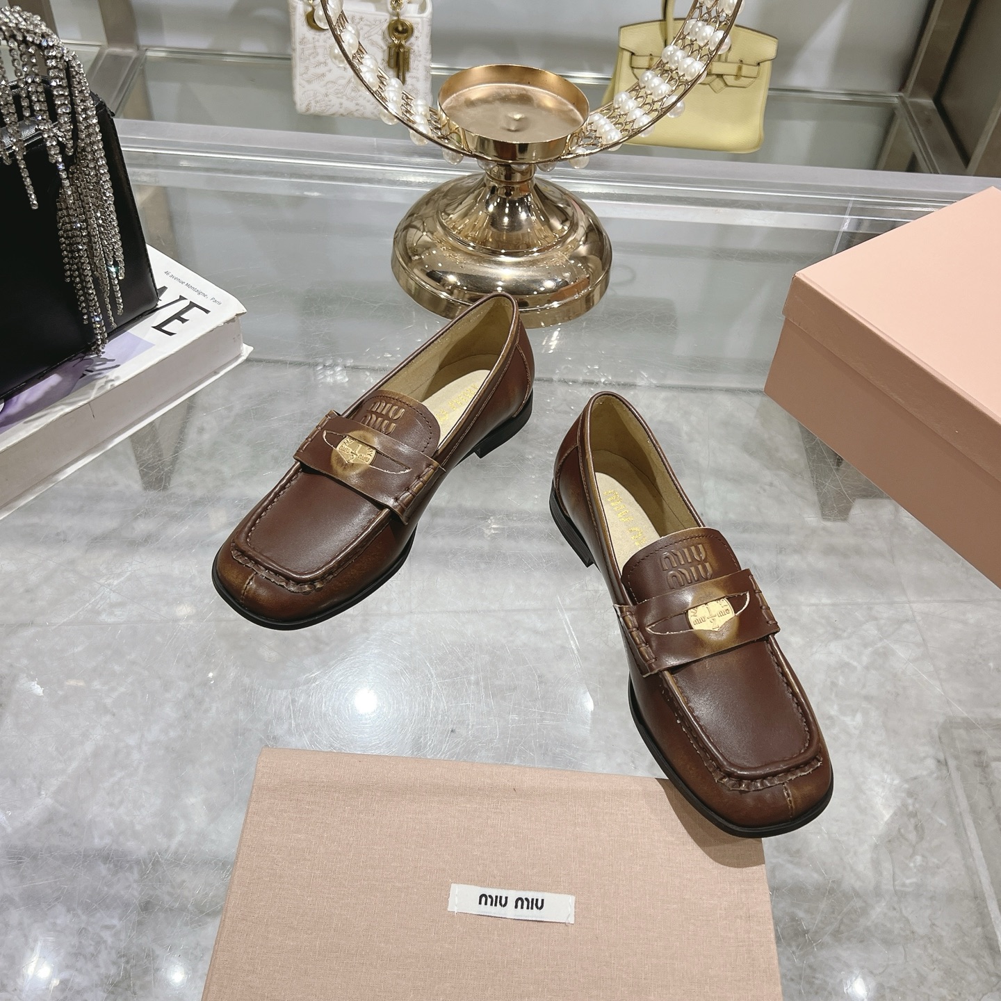 Miu Miu Coin Detail Brown Loafers