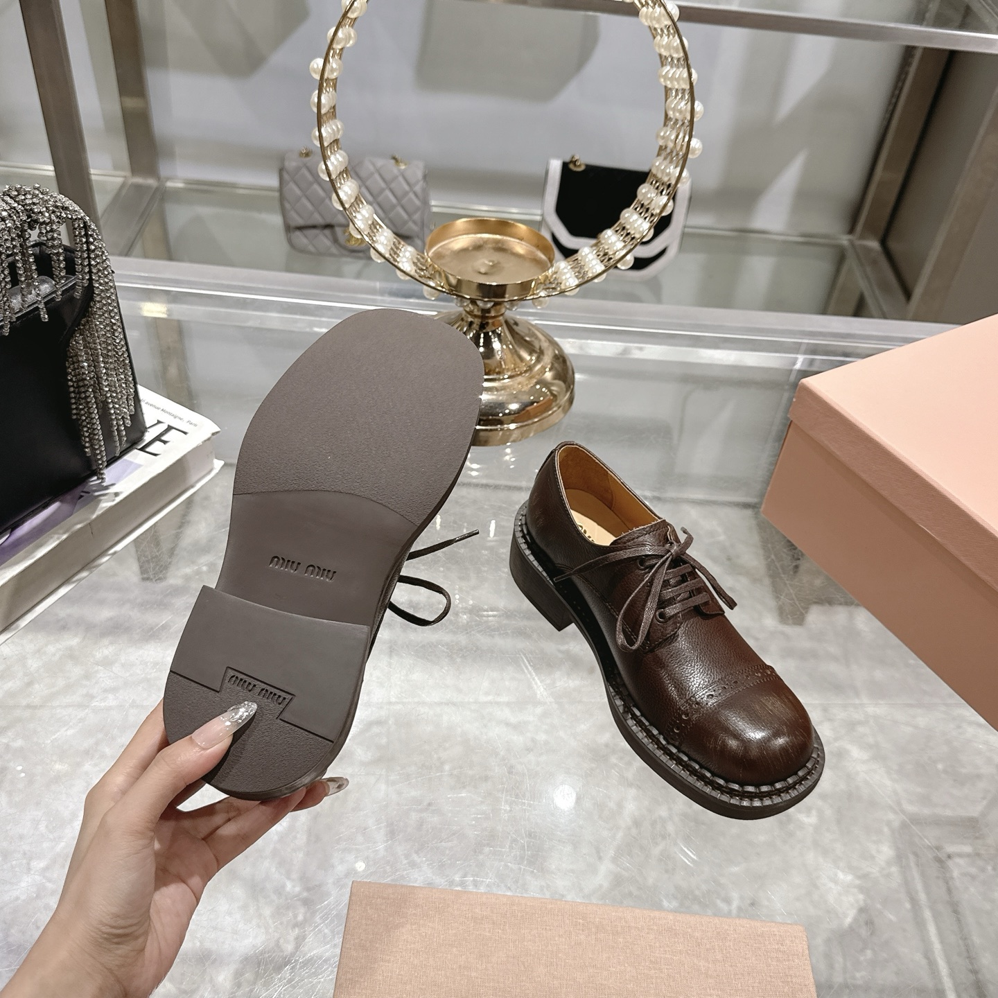 Miu Miu Brown Calf Leather Lace-Up Derby Shoes - Image 10