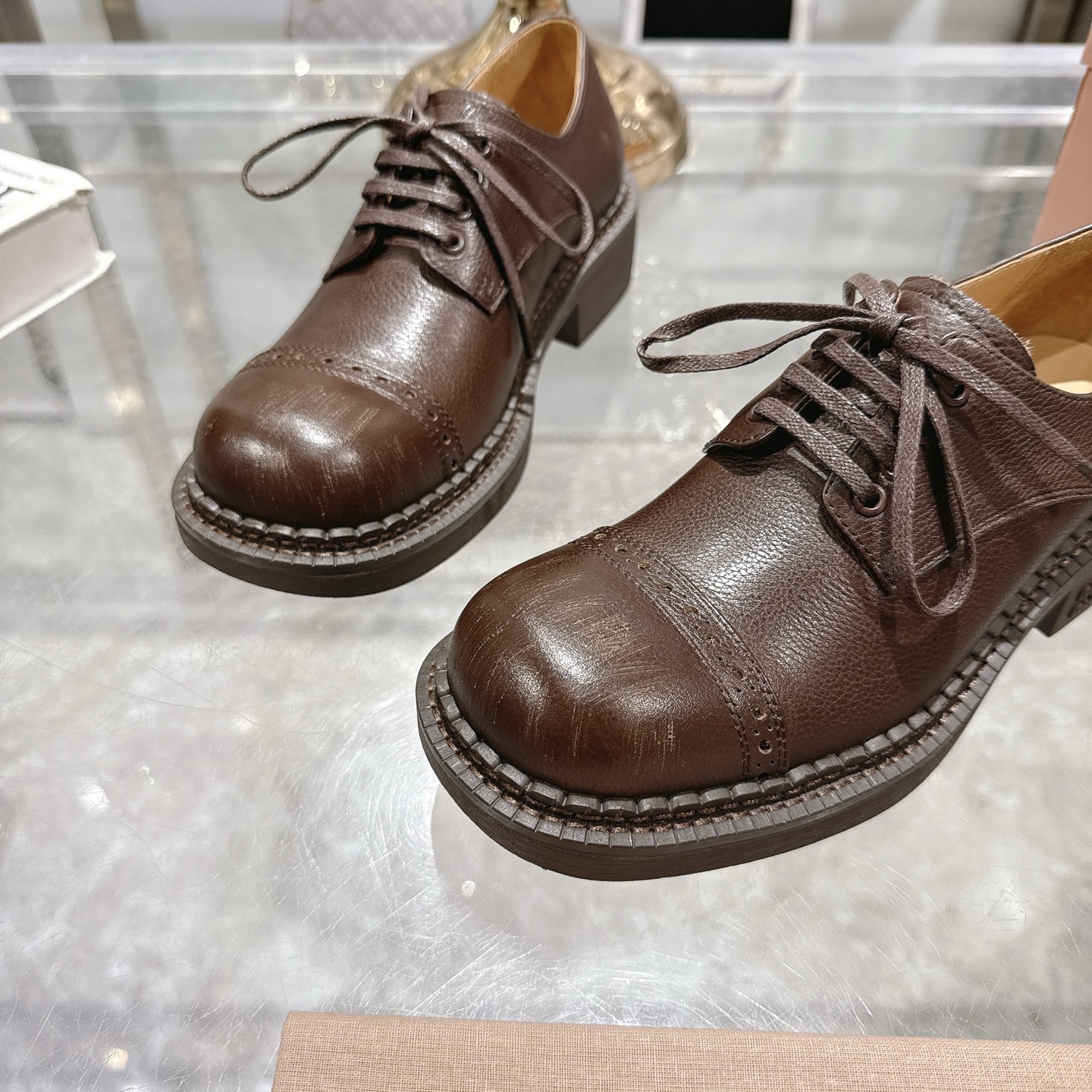 Miu Miu Brown Calf Leather Lace-Up Derby Shoes - Image 9