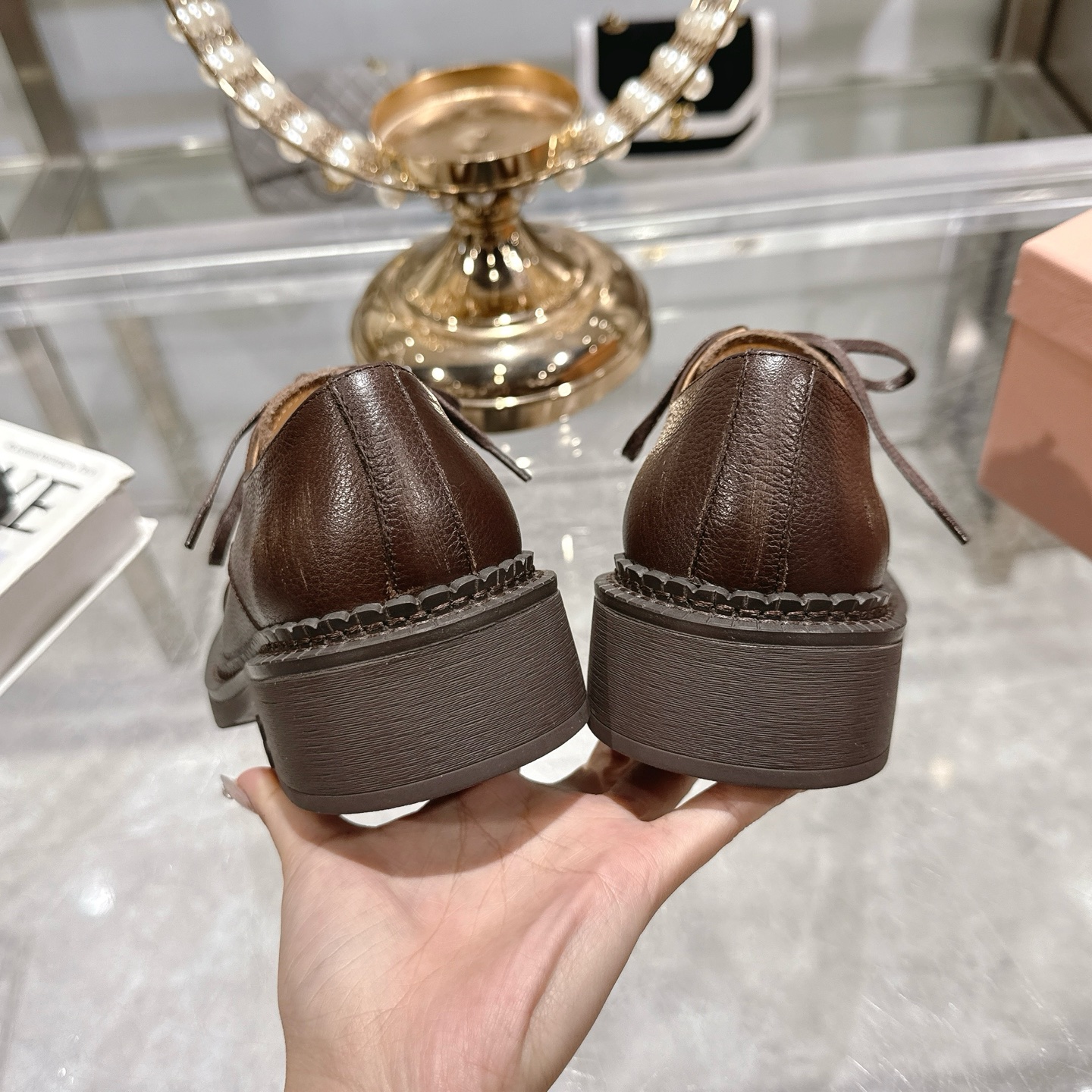 Miu Miu Brown Calf Leather Lace-Up Derby Shoes - Image 8