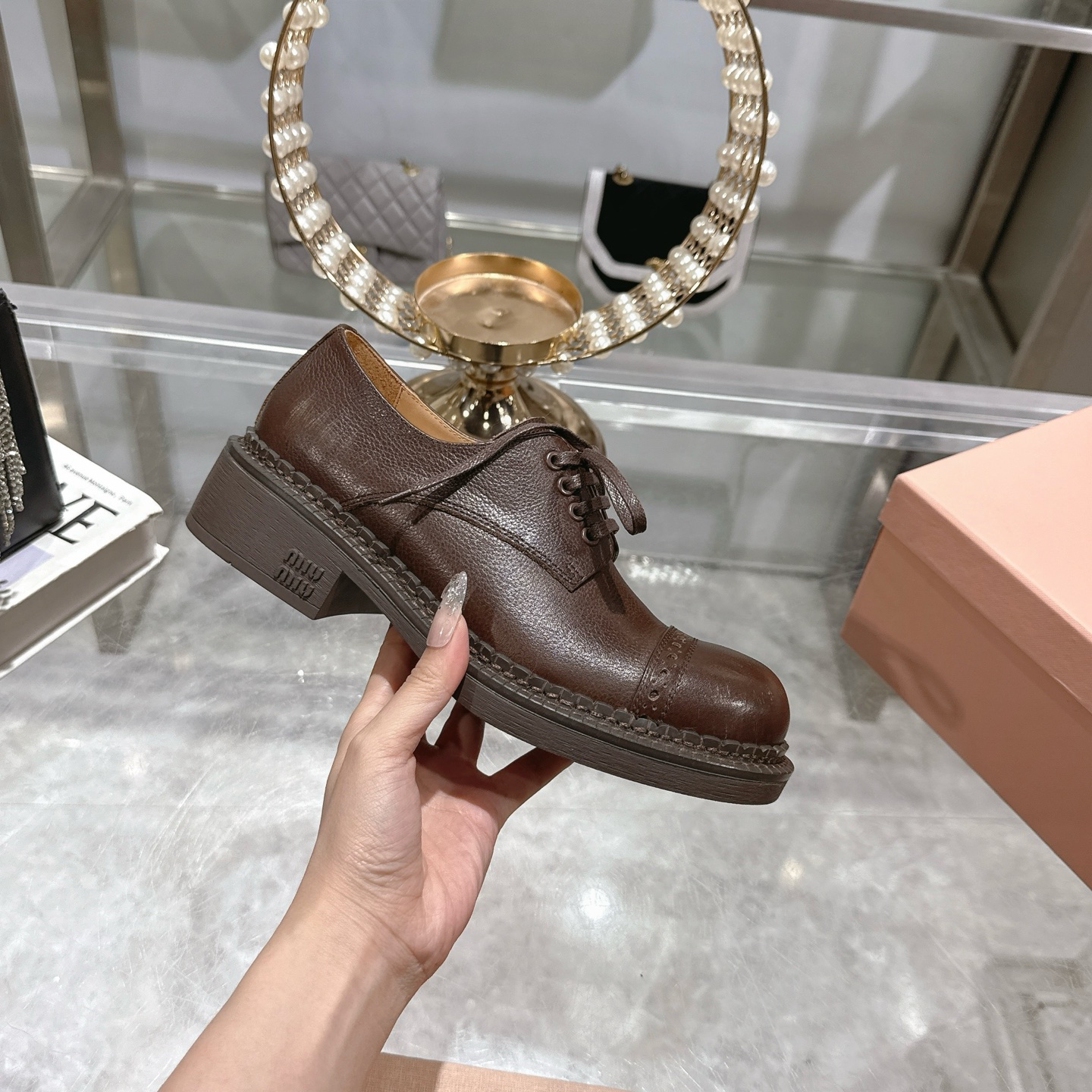 Miu Miu Brown Calf Leather Lace-Up Derby Shoes - Image 6