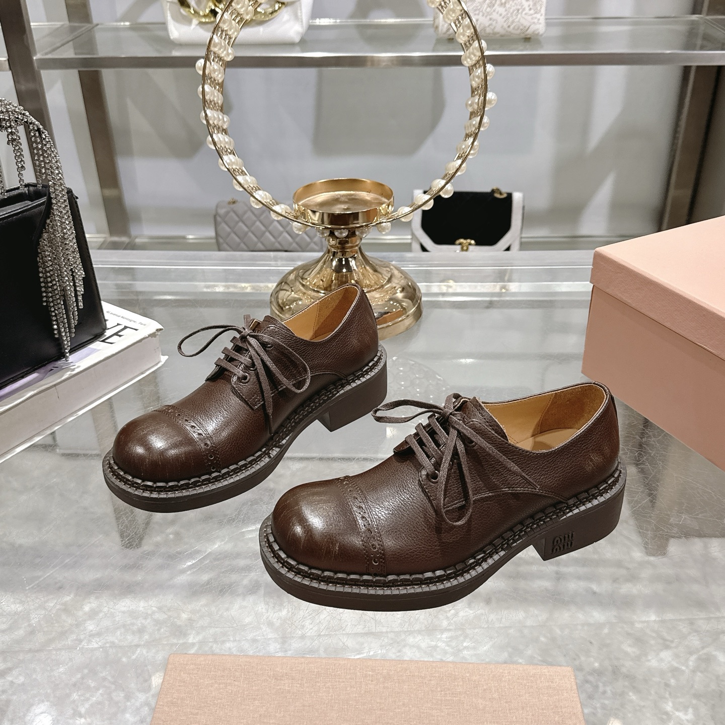 Miu Miu Brown Calf Leather Lace-Up Derby Shoes - Image 4