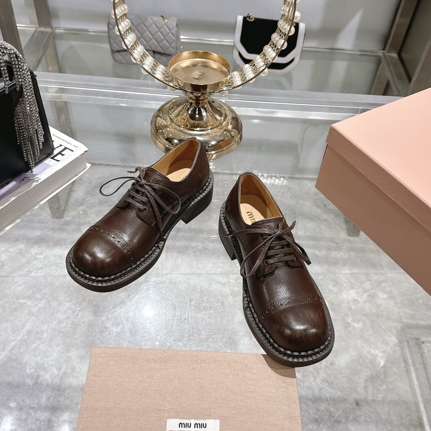 Miu Miu Brown Calf Leather Lace-Up Derby Shoes - Image 3
