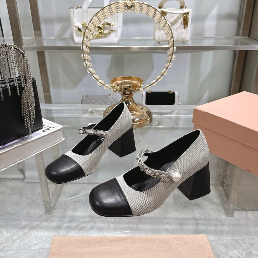 Miu Miu Mary Jane Grey and Black Leather Pumps