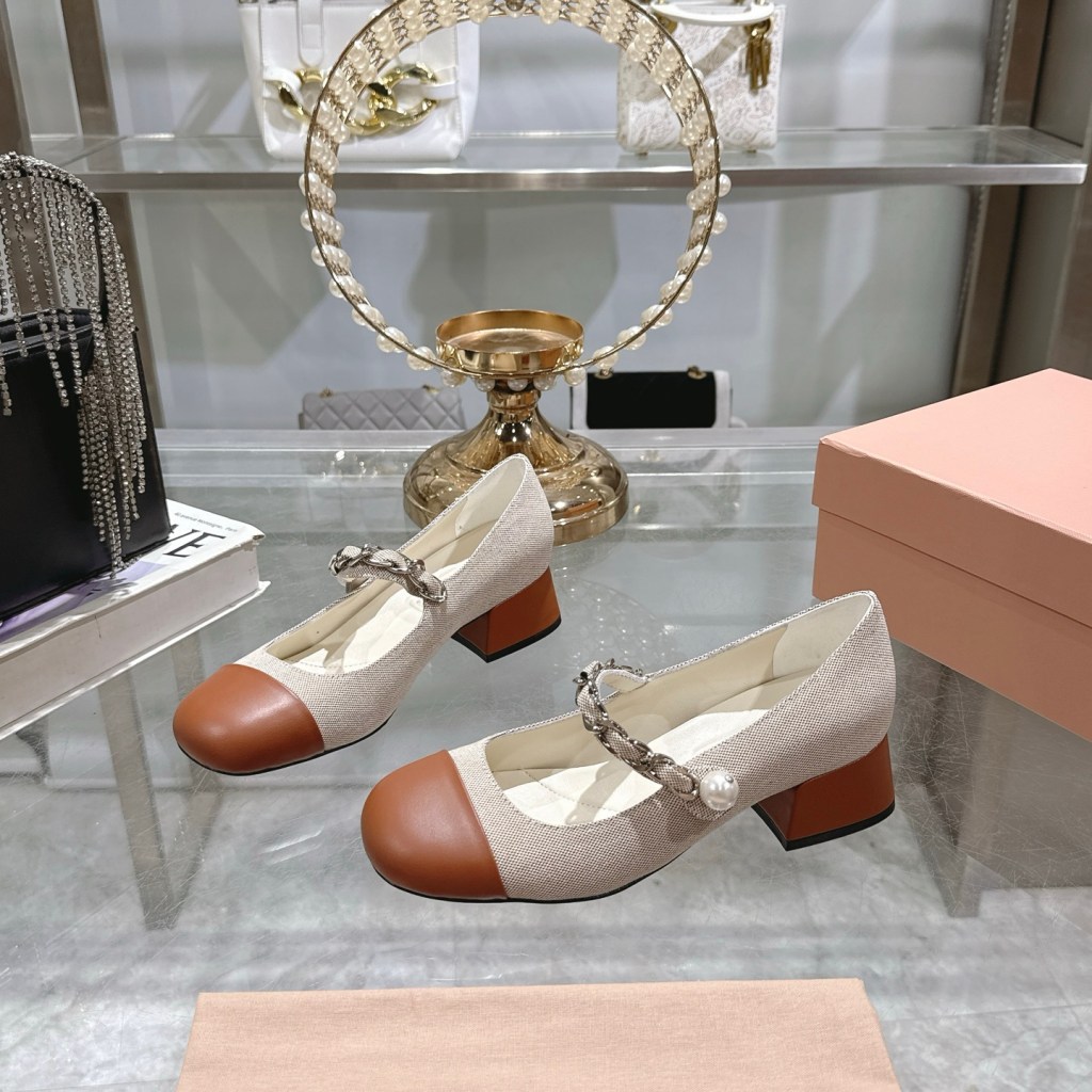 Miu Miu Pearl-Twist Mary Janes in Sandstone Canvas