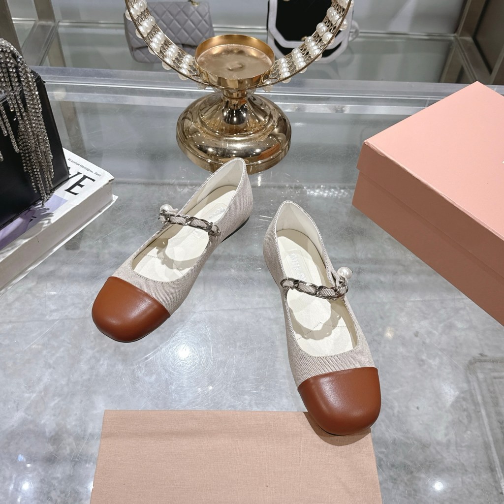 Miu Miu Beige & Brown Leather Ballerinas with Pearl Chain Strap Canvas