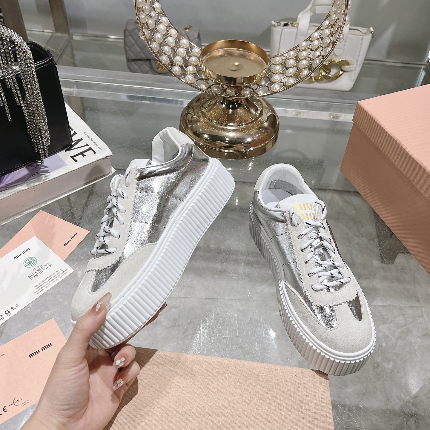 Miu Miu Silver and White Color Scheme Platform Sneaker - Image 4