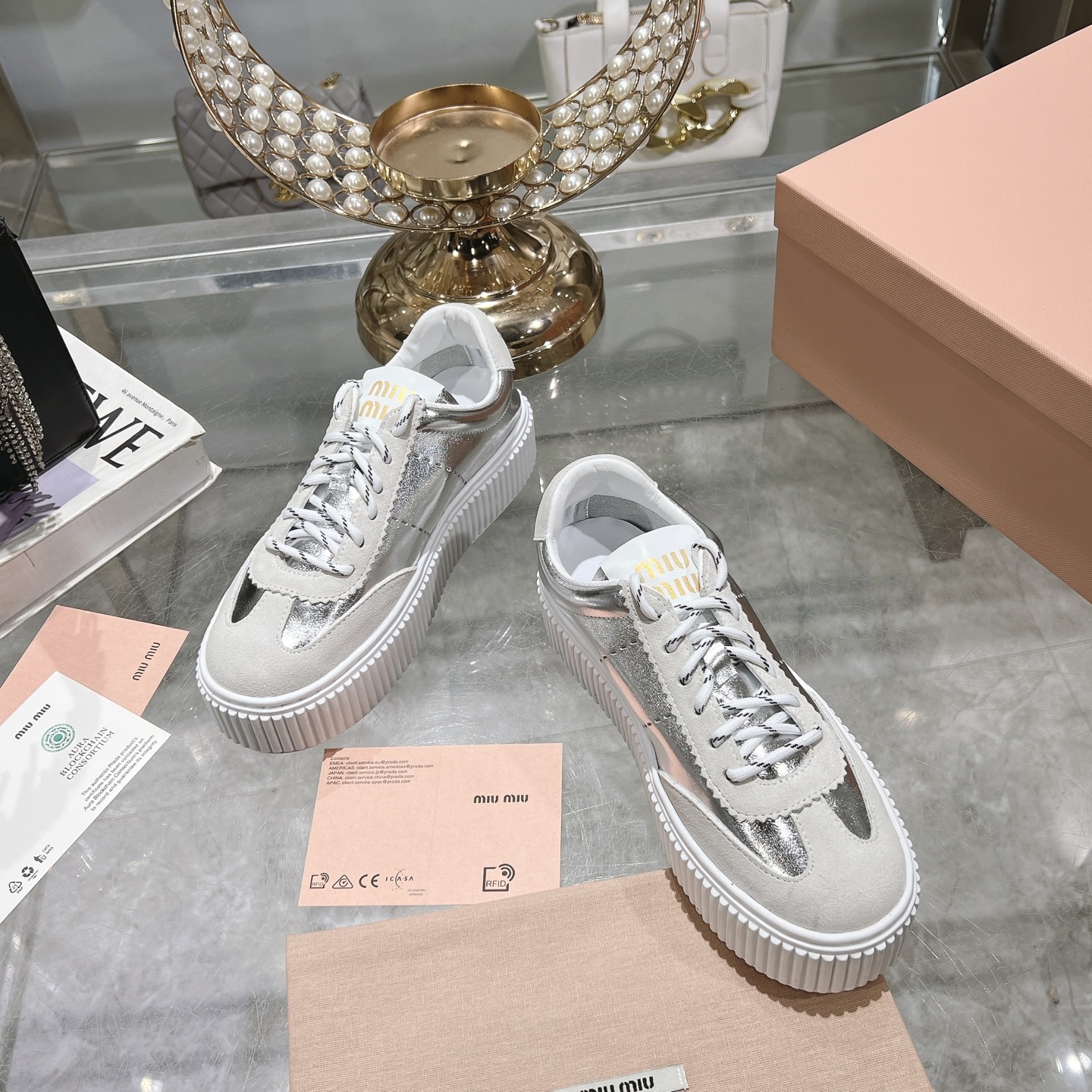 Miu Miu Silver and White Color Scheme Platform Sneaker - Image 3